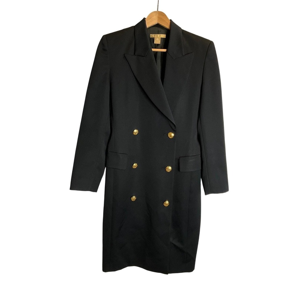 Vintage Studio 121 Blazer Dress 100% Wool Lined Navy Gold Button Up Military M‎